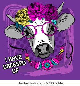 Vector cow with wreath and necklace. Hand drawn illustration of dressed cow.