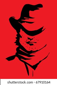 Vector cowboy face.Graphic portrait of strong man on red