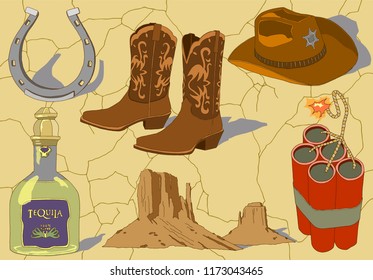 Vector Cowboy hand drawn Icons Set on a colored background. 
