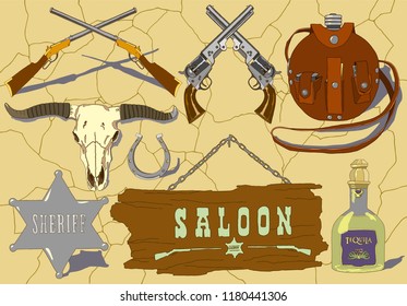 Vector Cowboy hand drawn Icons Set on a colored cracked background.