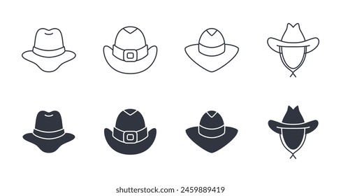 Vector cowboy hat icon. Editable stroke set. Line and silhouette symbols of the wild west. Cowboy in police sheriff hat, black color. Stock illustration