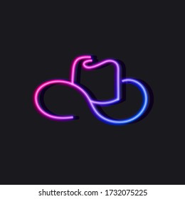 Vector cowboy hat neon logo template, line art, shining icon isolated on black background, advertisement template, bar illustration.