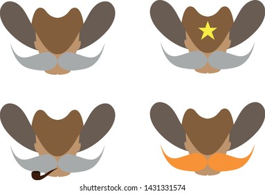 Vector cowboy sheriff smoking pipe old man with mustache. Cartoon character for wild west american Texas Mexican style. Isolated vector illustration set