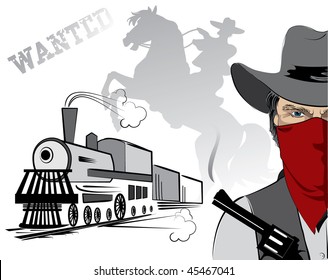 Vector cowboy and train. Western bandit life