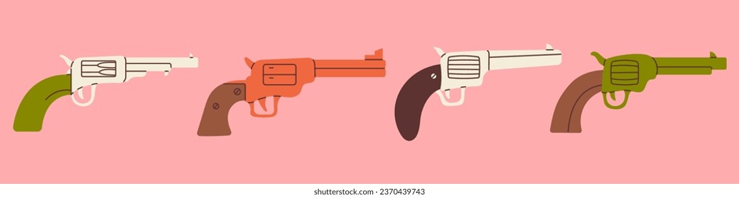 Vector vaquero pistolas occidentales. Concepto de la zona salvaje occidental. Conjunto de diferentes ilustraciones de pistolas de vaquero.
