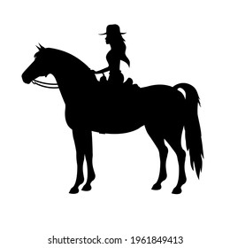 Vector cowboy woman girl riding western horse silhouette isolated on white background