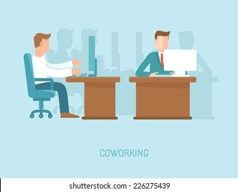 Vector coworking concept in flat style - illustration with people working at the computers in the open space office