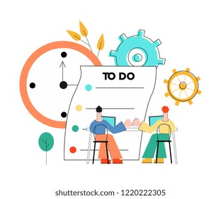 Vector coworking, teambuilding and business communication concept with colleagues, male office workers, men sitting at table with laptop giving high five with gears, table clock, to do list