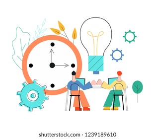 Vector coworking, teambuilding and business communication concept with colleagues, male office workers, men sitting at table with laptop giving high five with gears, table clock, light bulb