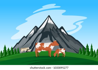 Vector cows and calves in mountain landscape illustration.
