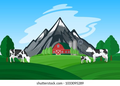 Vector cows and calves in mountain landscape illustration