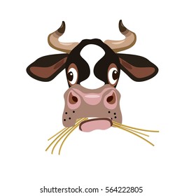 Vector cow's head. Cow chewing hay