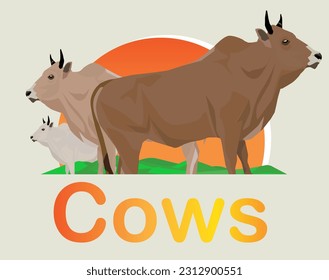 vector cows in hills mountain river back sun light in young brown background