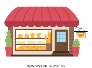 Vector cozy bakery isolated on white background. Small bread shop illustration. Cute French kiosk with pastry, cakes, loaves, baguettes
