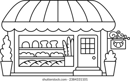 Vector cozy bakery isolated on white background. Small black and white bread shop line illustration or coloring page. Cute French kiosk with pastry, cakes, loaves, baguettes
