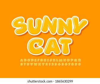 Vector cozy banner Sunny Cat. Yellow Modern Font. Cute bright Alphabet Letters and Numbers set