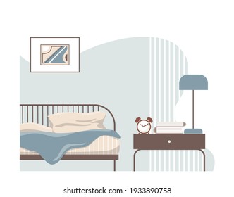 Vector cozy bedroom. Home design interior. A bed with pillow and table with lamp and alarm clock.