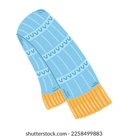 Vector cozy blue and yellow scarf with ornaments. Knitted warm clothes. Craft hobby.