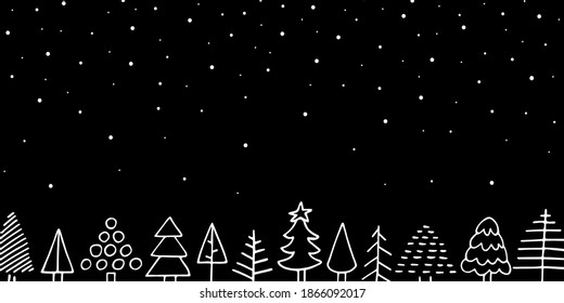 Vector cozy Christmas doodle banner. Outline cute Scandinavian Christmas fir tree, falling snow on black background. Fabulous winter holiday night. New Year festive mood vector copy space illustration