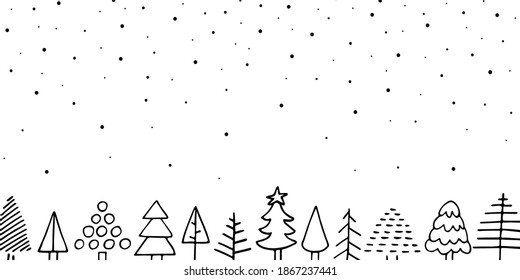 Cartel de doodle navideño muy acogedor. Esbozo adorable árbol de abetos escandinavo de Navidad, cayendo nieve sobre fondo blanco. Fabulosa noche de invierno. Ilustración del espacio de la copia vectorial del estado de ánimo festivo de Año Nuevo
