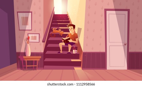 Vector cozy concept with man reading book, relaxing cat in interior with staircase and white door in house. Home inside with light from window and cartoon character on steps.
