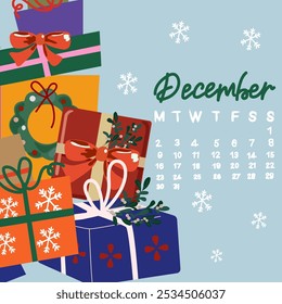 Vector cozy December 2025 calendar. Handwritten inscription of the month. Traditional New Year flat vector elements. Christmas colored gift boxes on a blue background 