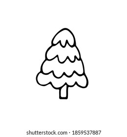 Vector cozy doodle Christmas tree. Hand-drawn fir-tree isolated on white background. Outline Scandinavian snowy tree as symbol of Happy New Year, Merry Christmas holiday celebration. Festive cute sign