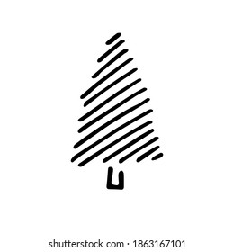 Vectorcozy doodle Weihnachtsbaum. Handgezeichnet Tannenbaum einzeln auf weißem Hintergrund. Skandinavischer Streifbaum. Alles Gute zum Neujahr, Fröhliches Weihnachtsfest-Symbol. Festliches süßes Schild