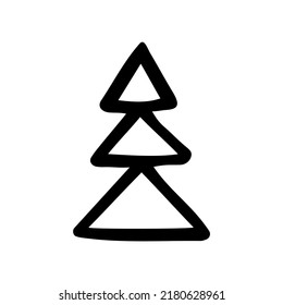 Vector cozy doodle Christmas tree. Hand-drawn fir tree isolated on white background. Outline Scandinavian coniferous tree. Happy New Year, Merry Christmas holiday celebration symbol. Festive cute sign
