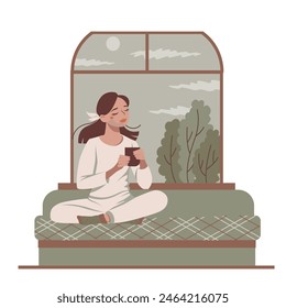 Vector acogedora ilustración de la noche en un estilo plano. Una mujer joven agradable toma un té por la ventana abierta. Linda chica sentada y disfrutando de la cálida noche.