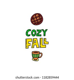 Vector cozy fall doodle illustration with cake and cup