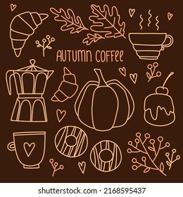 Caída vectorial acogedora ambientada con calabaza de otoño tierno, pasteles de crema, bebida de chocolate caliente, cafetera, donuts, croissants, hojas de roble, bayas de rowan y corazones sobre fondo marrón