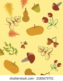 Vector cozy fall set. Pumpkin mushrooms leaves acorns and berries. Yellow background. 