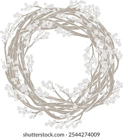 Vector cozy folk hand drawn Christmas illustration of wreath with berries. Scandinavian trendy Boho picture for winter holiday decorations.
