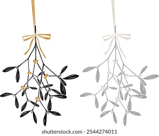 Vector cozy folk hand drawn Christmas illustration of Mistletoe with berries. Scandinavian trendy Boho picture for winter holiday decorations.