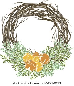 Vector cozy folk hand drawn Christmas illustration of wreath with bells. Scandinavian trendy Boho picture for winter holiday decorations.