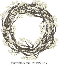 Vector acogedor folk dibujado a mano ilustración de Navidades de corona con bayas. Cuadro boho de moda escandinavo para decoraciones de vacaciones de invierno.