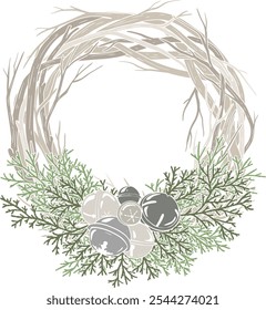 Vector cozy folk hand drawn Christmas illustration of wreath with bells. Scandinavian trendy Boho picture for winter holiday decorations.