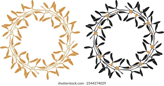 Vector cozy folk hand drawn Christmas illustration of wreath. Scandinavian trendy Boho picture for winter holiday decorations. Mistletoe with berries.