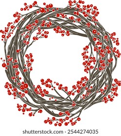 Vektor gemütlich folk handgezeichnete Weihnachtsgrafik von Kranz mit Beeren. Scandinavian trendy Boho Bild für Winterurlaub Dekorationen.