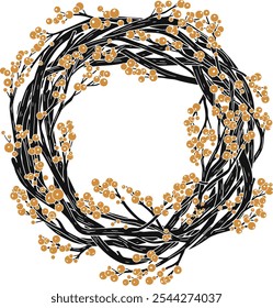 Vector cozy folk hand drawn Christmas illustration of wreath with berries. Scandinavian trendy Boho picture for winter holiday decorations.