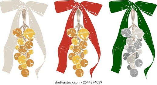 Vector cozy folk hand drawn Christmas illustration of a bunch of bells with a bow. Scandinavian trendy Boho picture for winter holiday decorations.