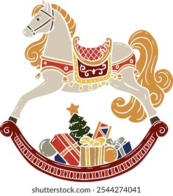 Vector cozy folk hand drawn Christmas illustration of a horse toy. Scandinavian trendy Boho picture for winter holiday decorations.
