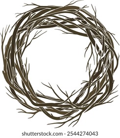 Vector cozy folk hand drawn Christmas illustration of wreath. Scandinavian trendy Boho picture for winter holiday decorations.