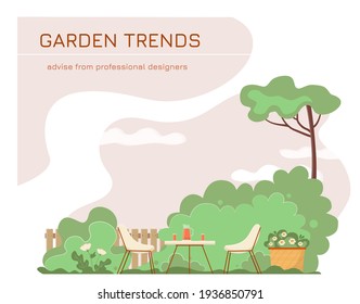 Vector Cozy Garden With Wooden Palisade And Furniture. A Table With Chairs. A Place For Comfortable Rest And Relax. Banner For Web Or Magazines.