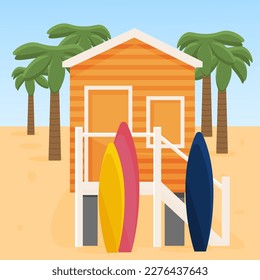 Vector cozy house near the sea. Cartoon house on the seashore, palm trees, surfboards. mini hotels near the beach. summer leisure, vacation. summer vacation hotel booking