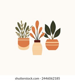 Vector cozy illustration of geometric home plants in clay pots in flat style. Composition of flowerpots in gentle beige colors. Greenery in vases. Home hobby and flower shop.