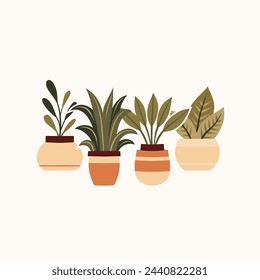 Vector acogedora ilustración de plantas caseras en macetas de arcilla en estilo plano. Composición de macetas en colores beige suave. Hobby y floristería.