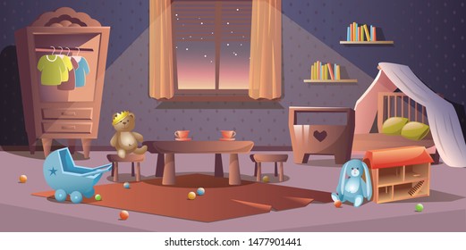 Vector cozy illustration of princess baby girl bedroom at night with big window wardrobe with dresses, wooden toy house and stroller, teddy bear and plush rabbit, tea set and many balls to play.