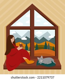 Vector cozy illustration of a woman with blanket is sitting on windowsill and a cat. Beautiful autumn view from the house window